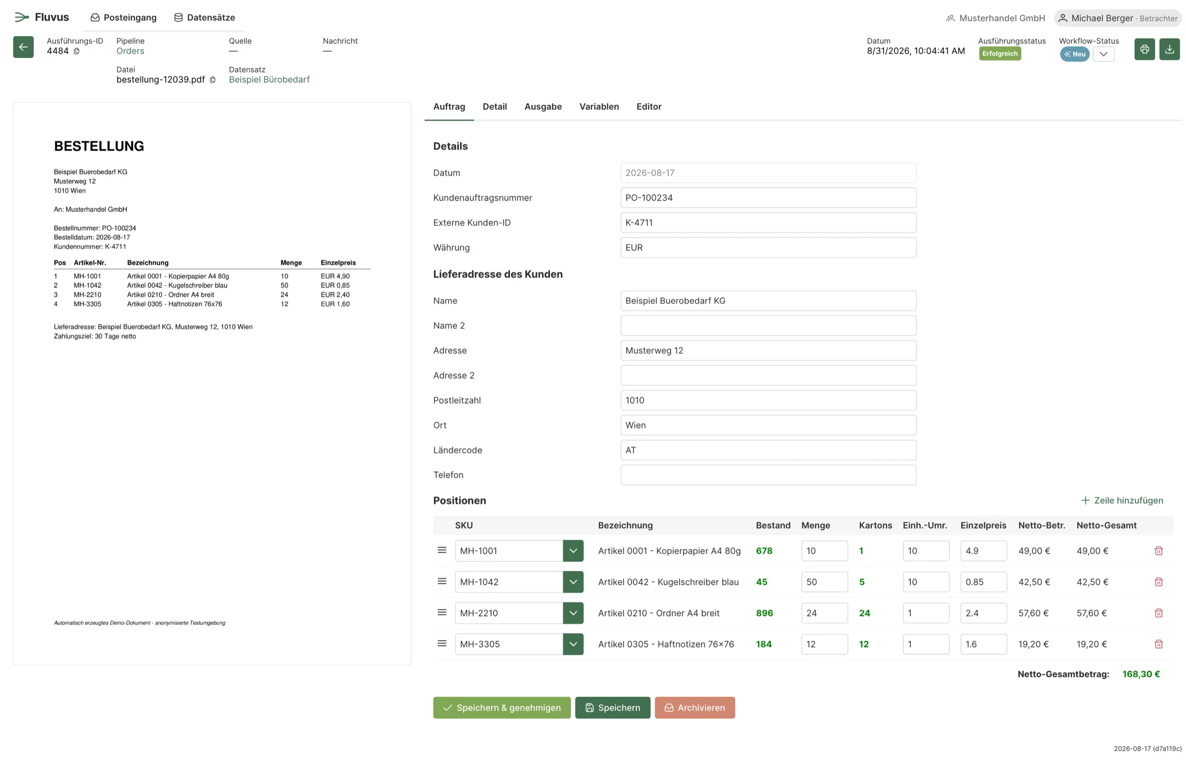 Fluvus-Prüfansicht: Original-Bestellung neben den erkannten Daten, mit Positionen, Stammdaten-Abgleich und Freigabe-Buttons